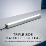Triple-side magnetic LED light bar for display shelf light and gondola shelf lighting system.