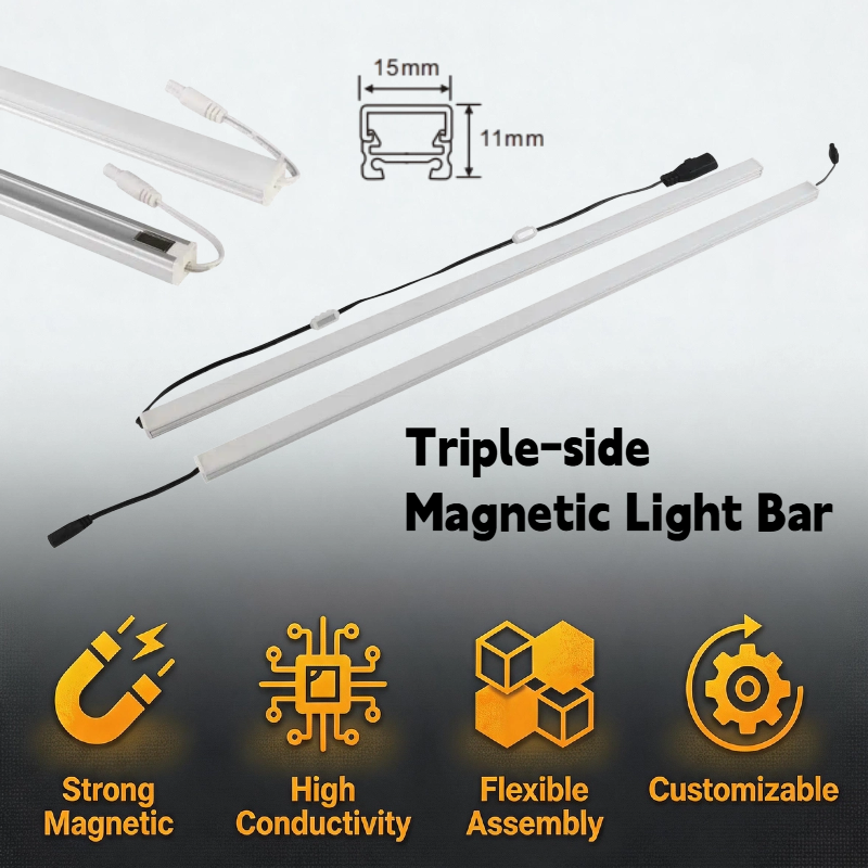 Triple-side magnetic LED light bar for display shelf light and gondola shelf lighting system.