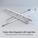 Triple-side magnetic LED light bar for display shelf light and gondola shelf lighting system.