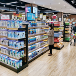 Ultra-thin embedded recessed LED light bar on supermarket gondola wood shelves - UnioneLED
