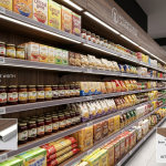 Ultra-thin embedded recessed LED light bar on supermarket gondola wood shelves - UnioneLED