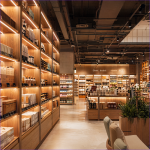 Ultra-thin embedded recessed LED light bar on supermarket gondola wood shelves - UnioneLED