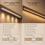 Ultra-thin embedded recessed LED light bar on supermarket gondola wood shelves - UnioneLED