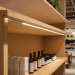 Ultra-thin embedded recessed LED light bar on supermarket gondola wood shelves - UnioneLED