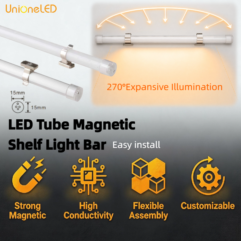 UnioneLED 270 degree slim magnetic LED tube light bar with silver mounting clips for retail shelf and gondola display lighting.