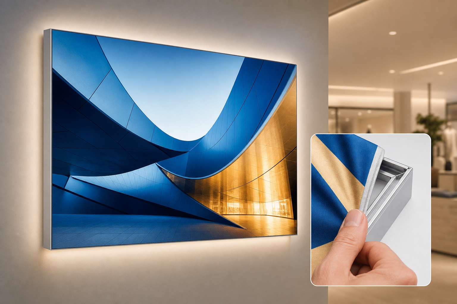 Wall-mounted LED fabric lighting box with silicone edge graphic