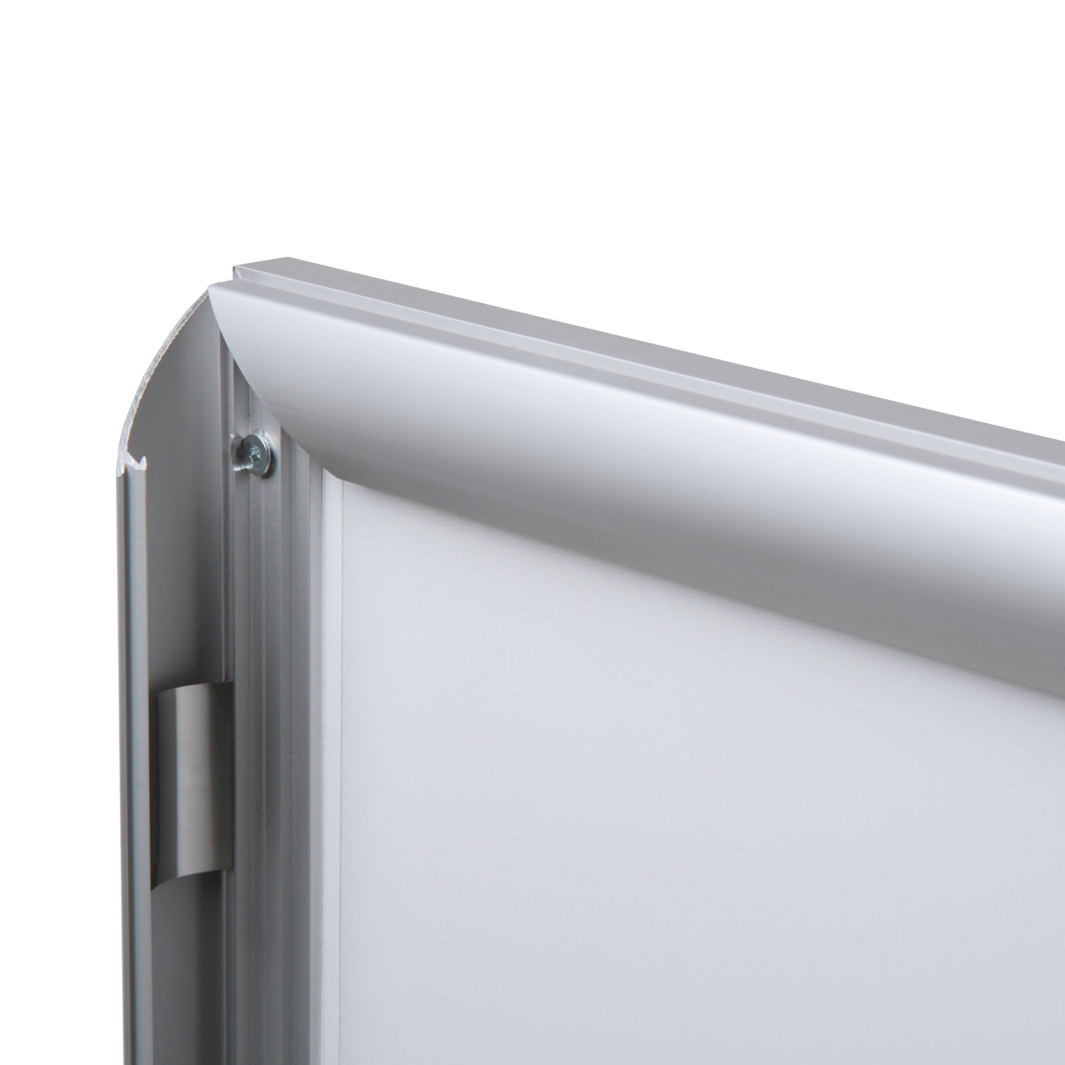 Close-up of silver aluminum snap-open LED light box frame profile