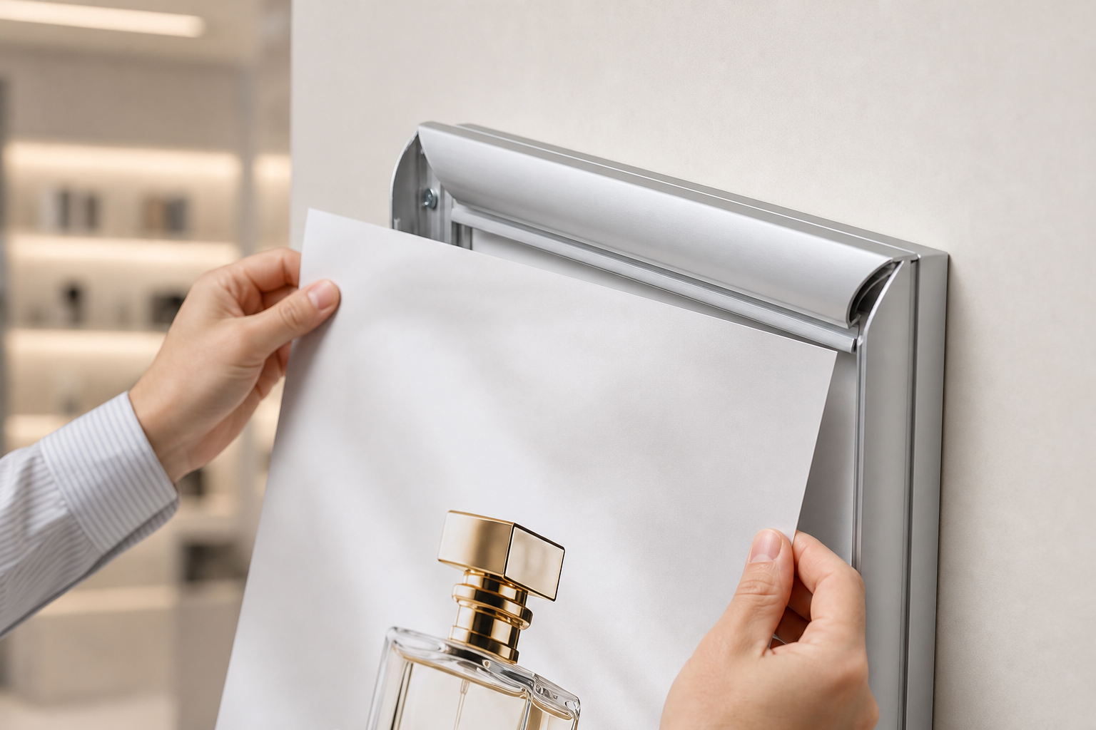 Replacing a poster through the quick-open LED snap frame