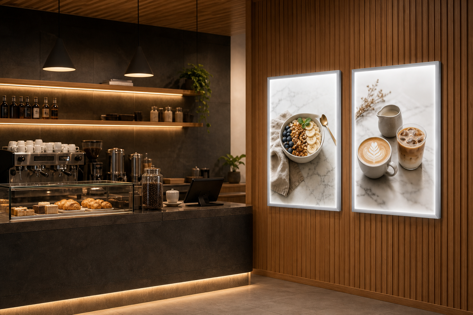 Two wall-mounted LED snap light boxes used as cafe menu displays