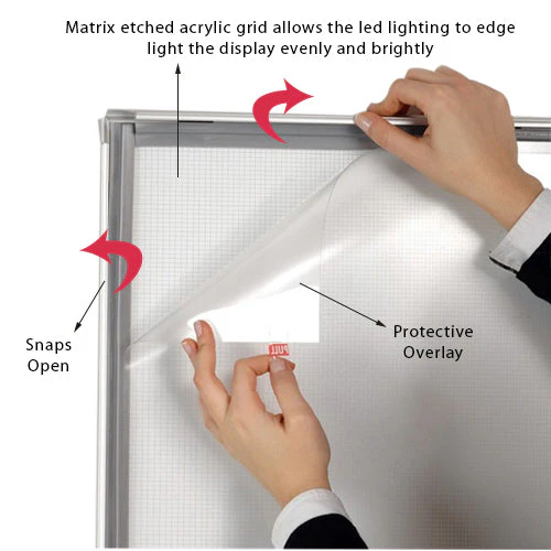 Clear protective overlay lifted from LED snap light box