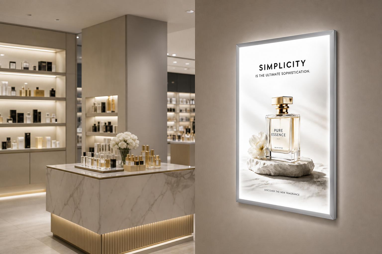 Wall-mounted LED snap light box in a premium retail store