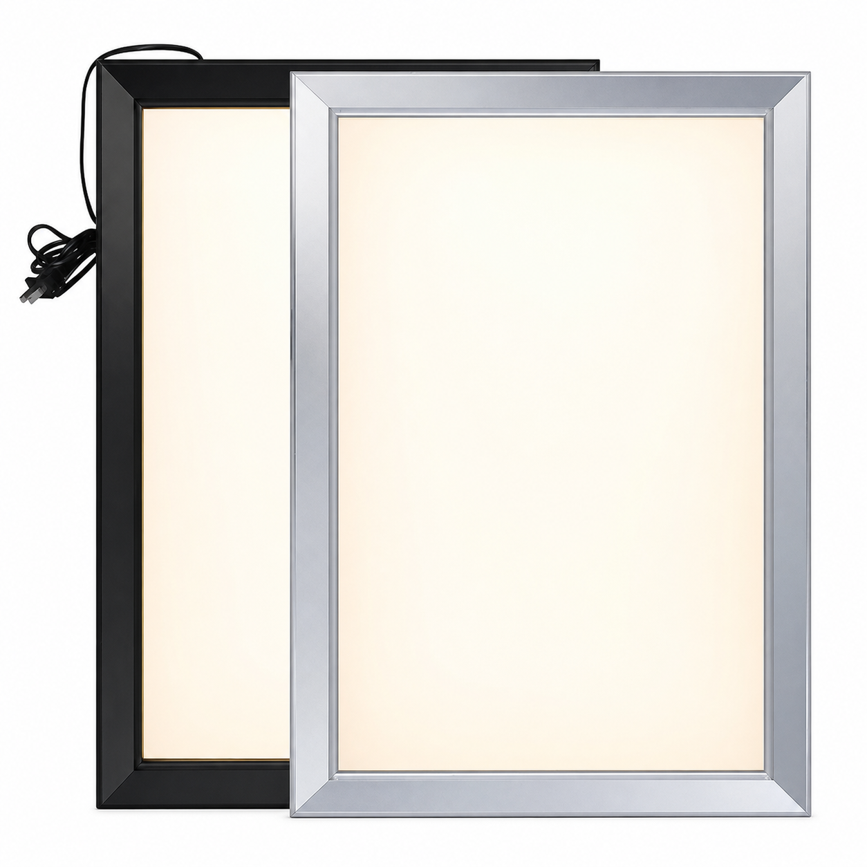 Silver and black LED snap lighting box frame finishes