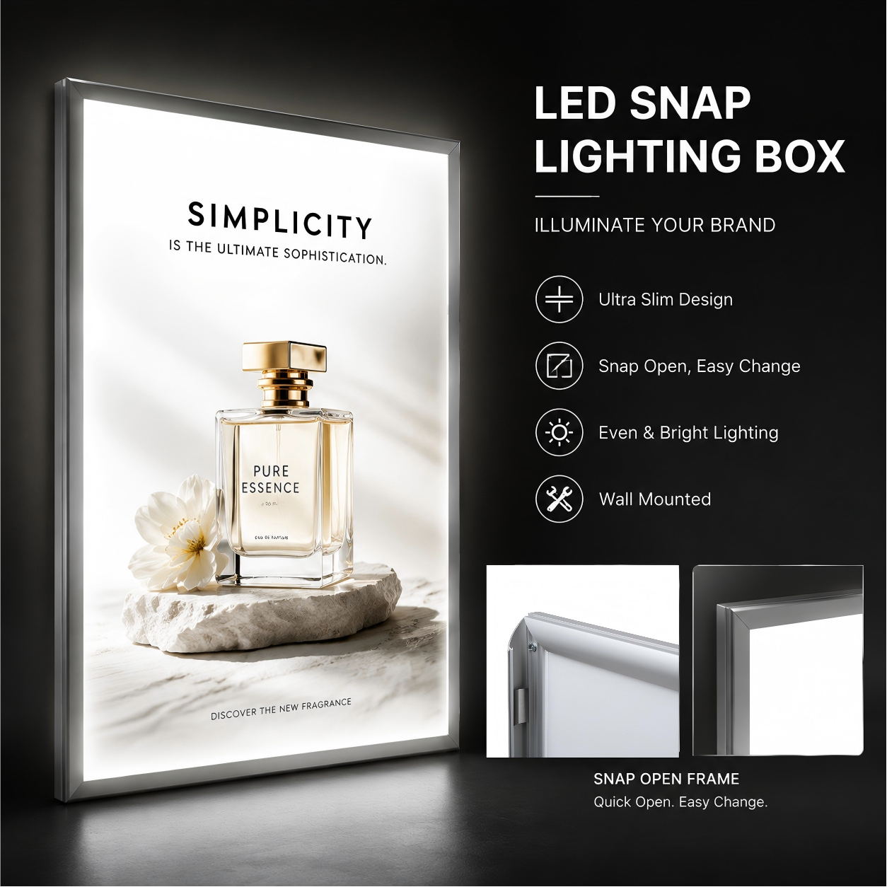 LED Snap Lighting Box with slim silver quick-open frame