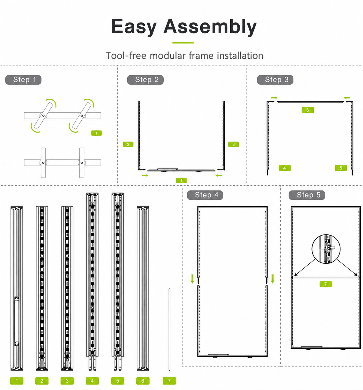 Tool-free modular SEG light box frame assembly diagram