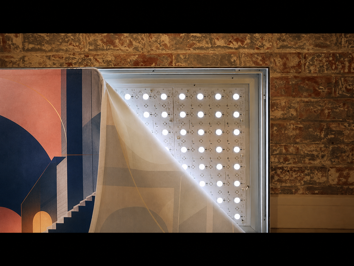 SEG fabric graphic peeled back to reveal the illuminated LED module array
