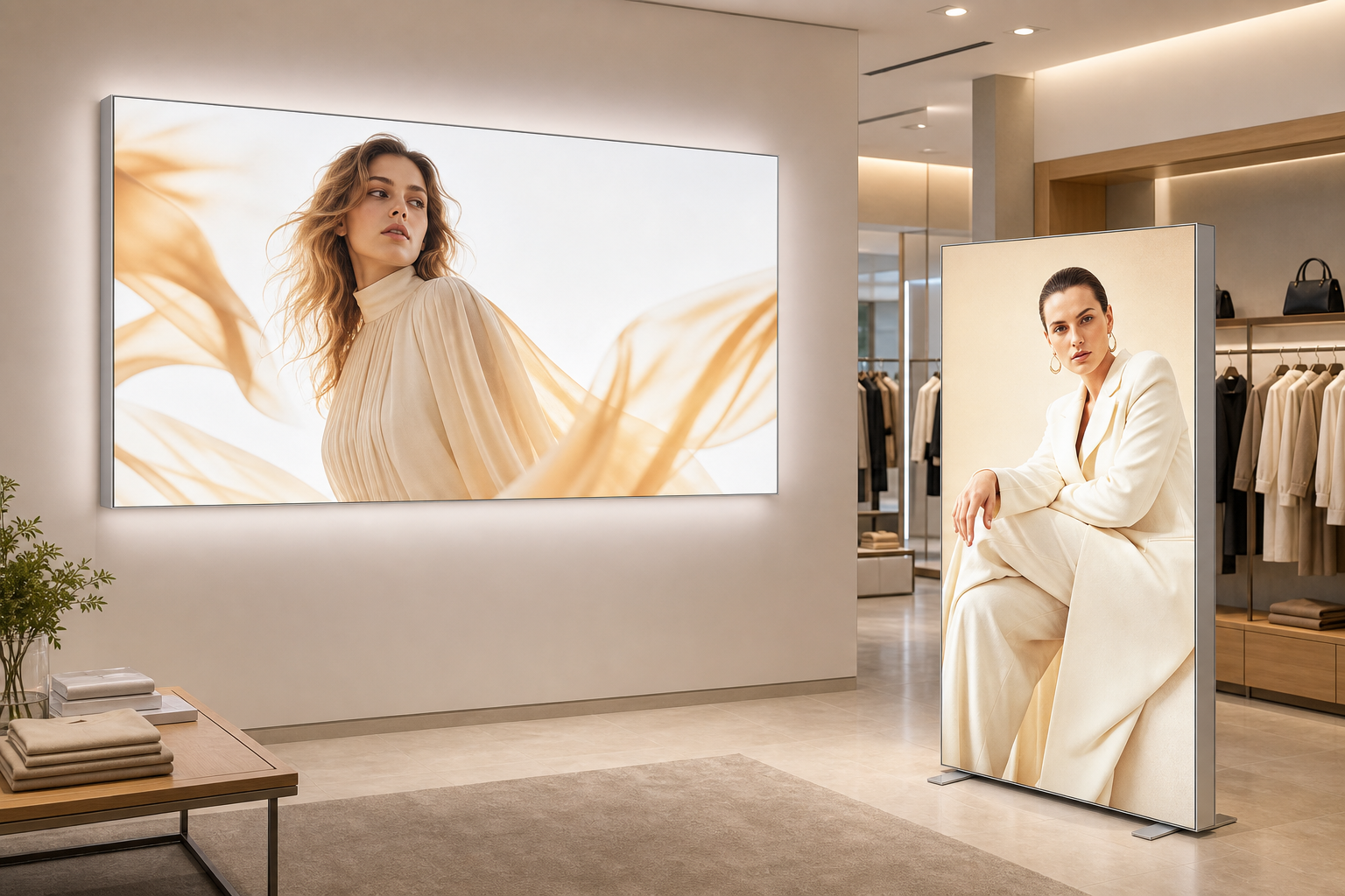 Wall-mounted and freestanding SEG light boxes in a fashion retail store