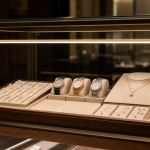 Luxury jewelry display showcase illuminated by a double-post LED door light