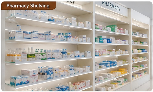 Shelf power track system for pharmacy and healthcare retail displays